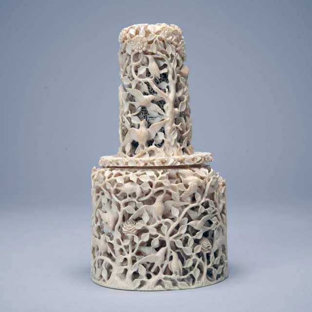 Ivory Carved ‘Floral and Fauna’ Container and Cover, Early 20th Century