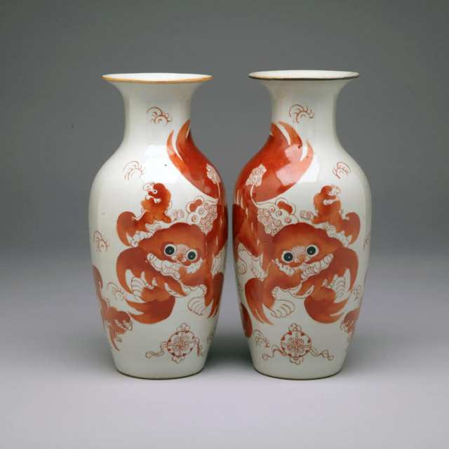 Pair of Iron Red ‘Fu Lion and Calligraphy’ Cabinet Vases, Republican Period