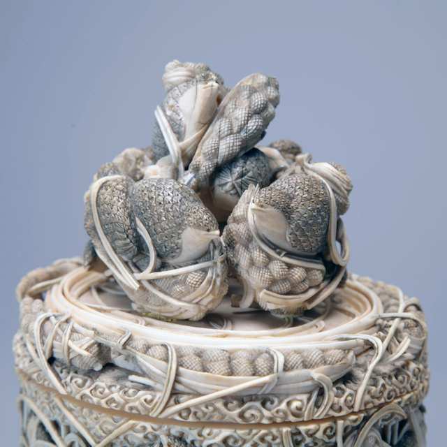 Ivory Carved ‘Quail and Grain’ Container and Cover, Signed Yoshikazu, Meiji Period, 19th Century
