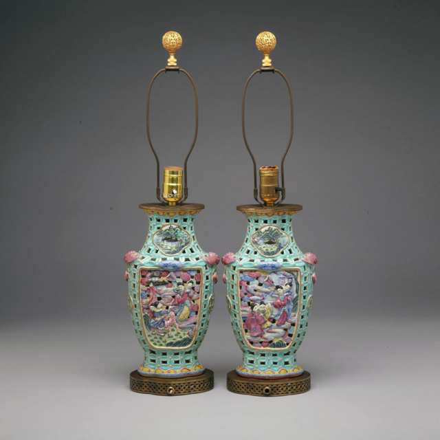 Pair of Famille Rose Moulded Figural Vases, Qianlong Mark, Early 20th Century