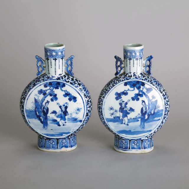 Pair Blue and White Figural Moon Flasks