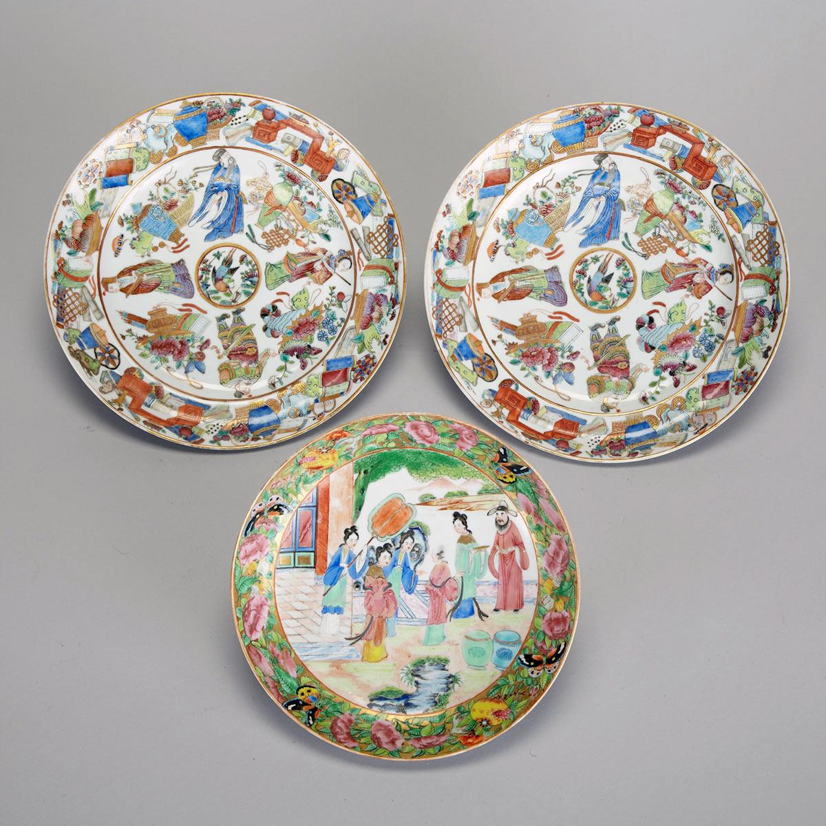 Three Export Canton Rose Plates, 19th Century