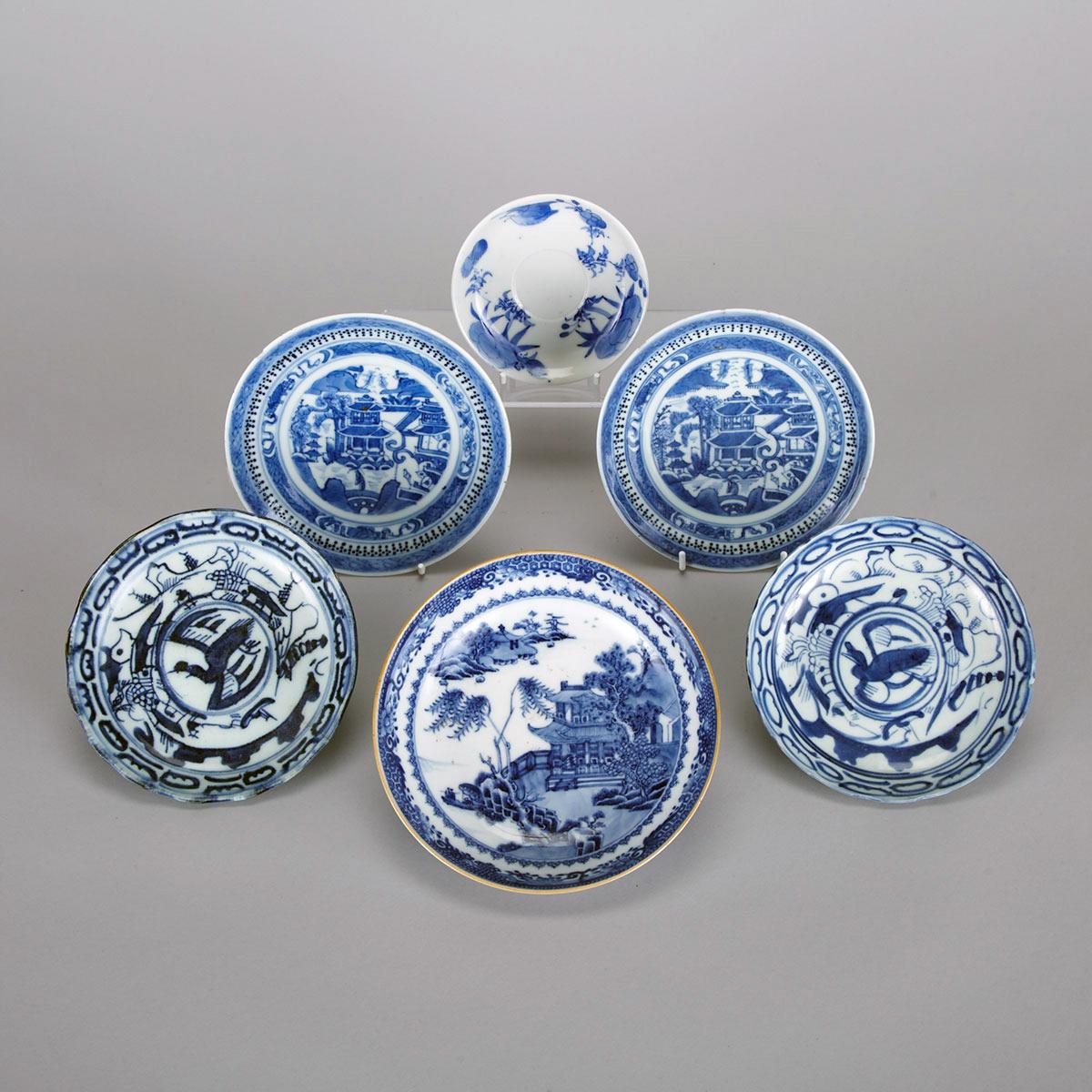 Six Export Blue and White Dishes, 17th to 19th Century, China/Japan