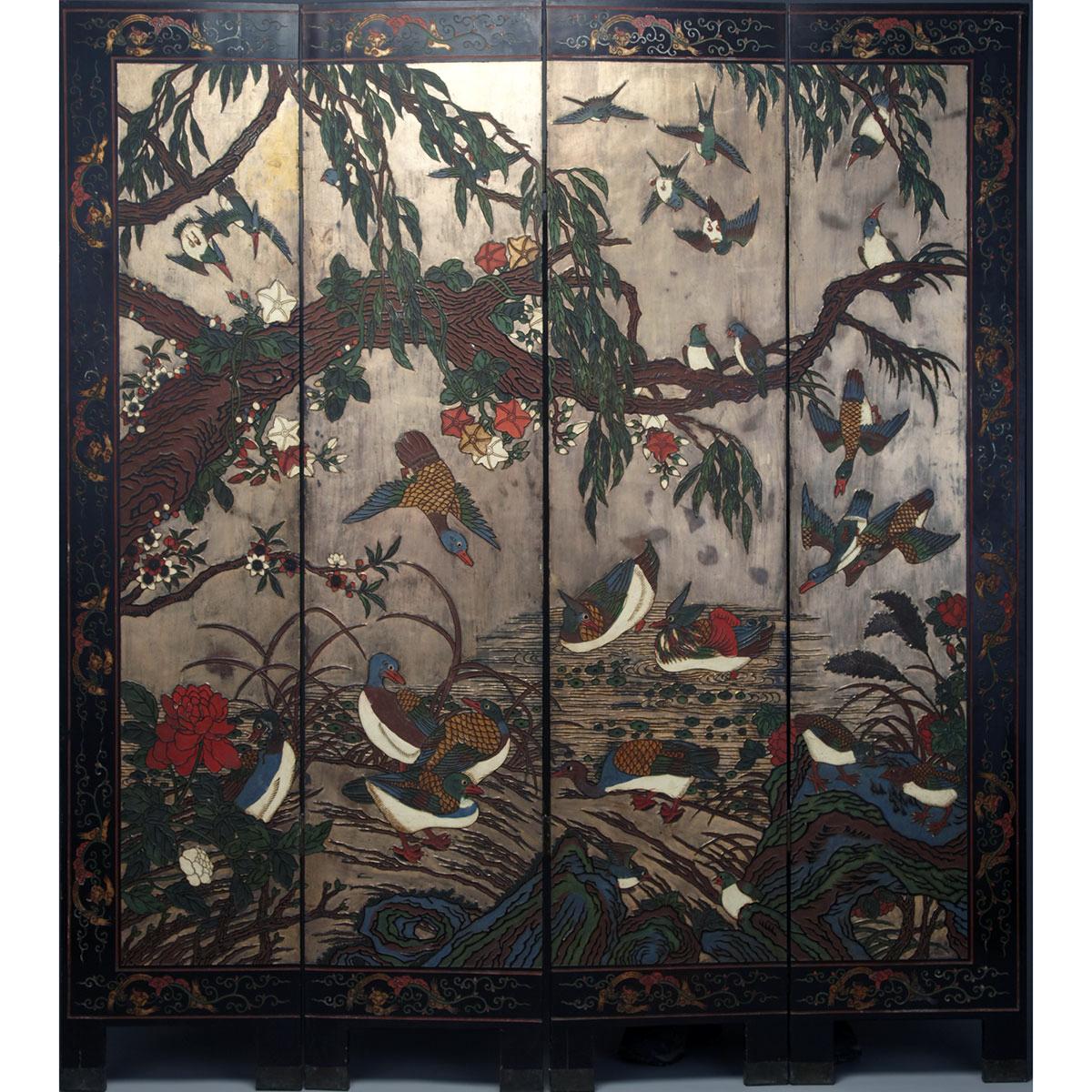 Four Panel Lacquer Floor Screen, Mid 20th Century