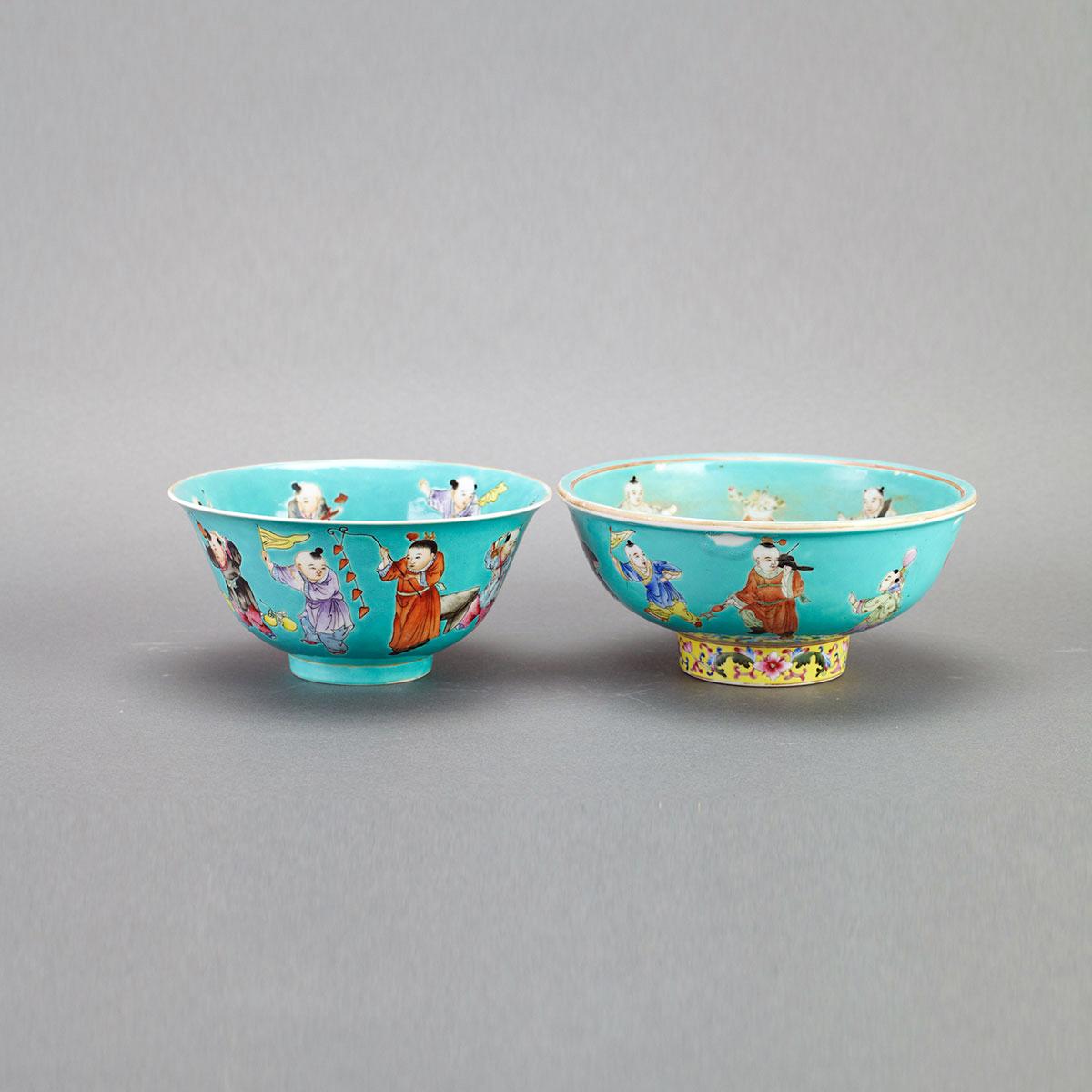 Two Turquoise Ground ‘Boys’ Bowls, Jiaqing Mark 