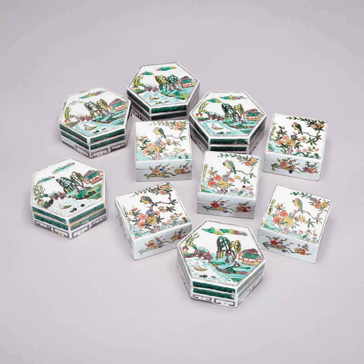 Two Sets of Five Famille Verte Ink Boxes and Covers