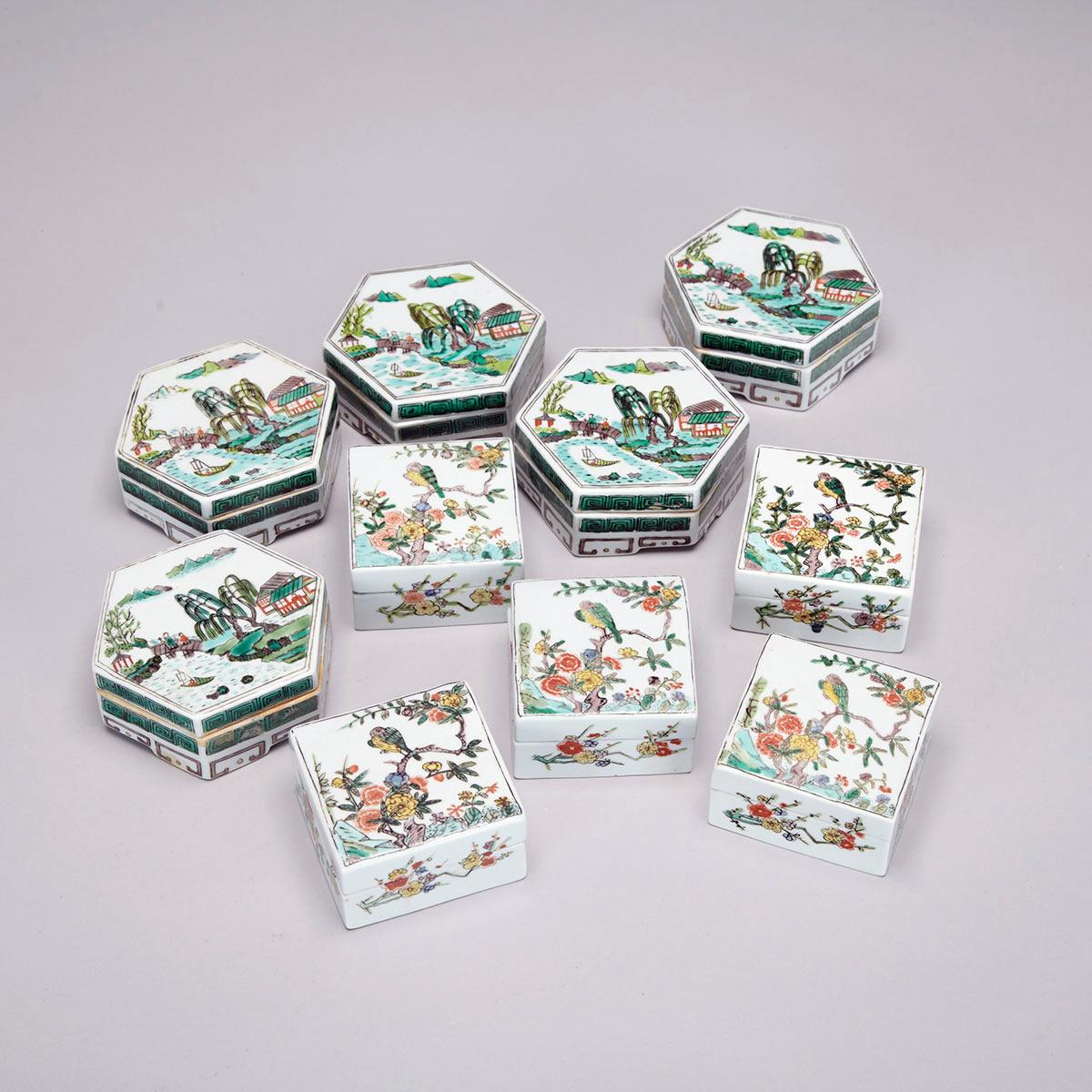 Two Sets of Five Famille Verte Ink Boxes and Covers