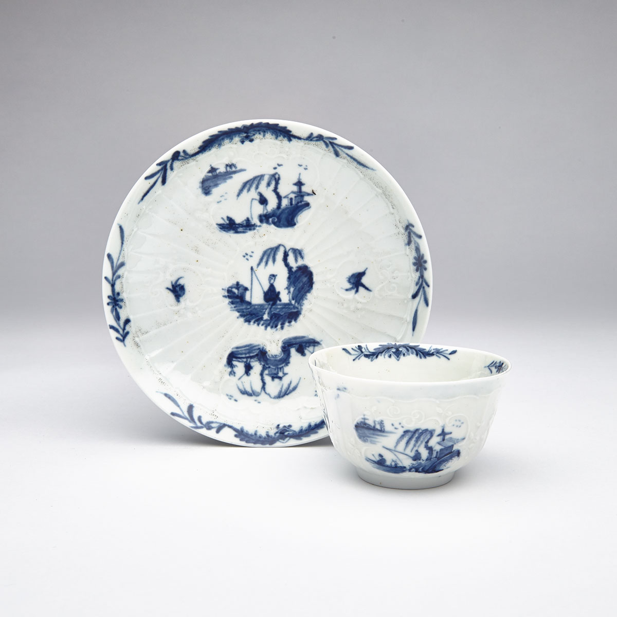 Worcester ‘Fisherman and Willow Pavilion’ Tea Bowl and Saucer, c.1755-60