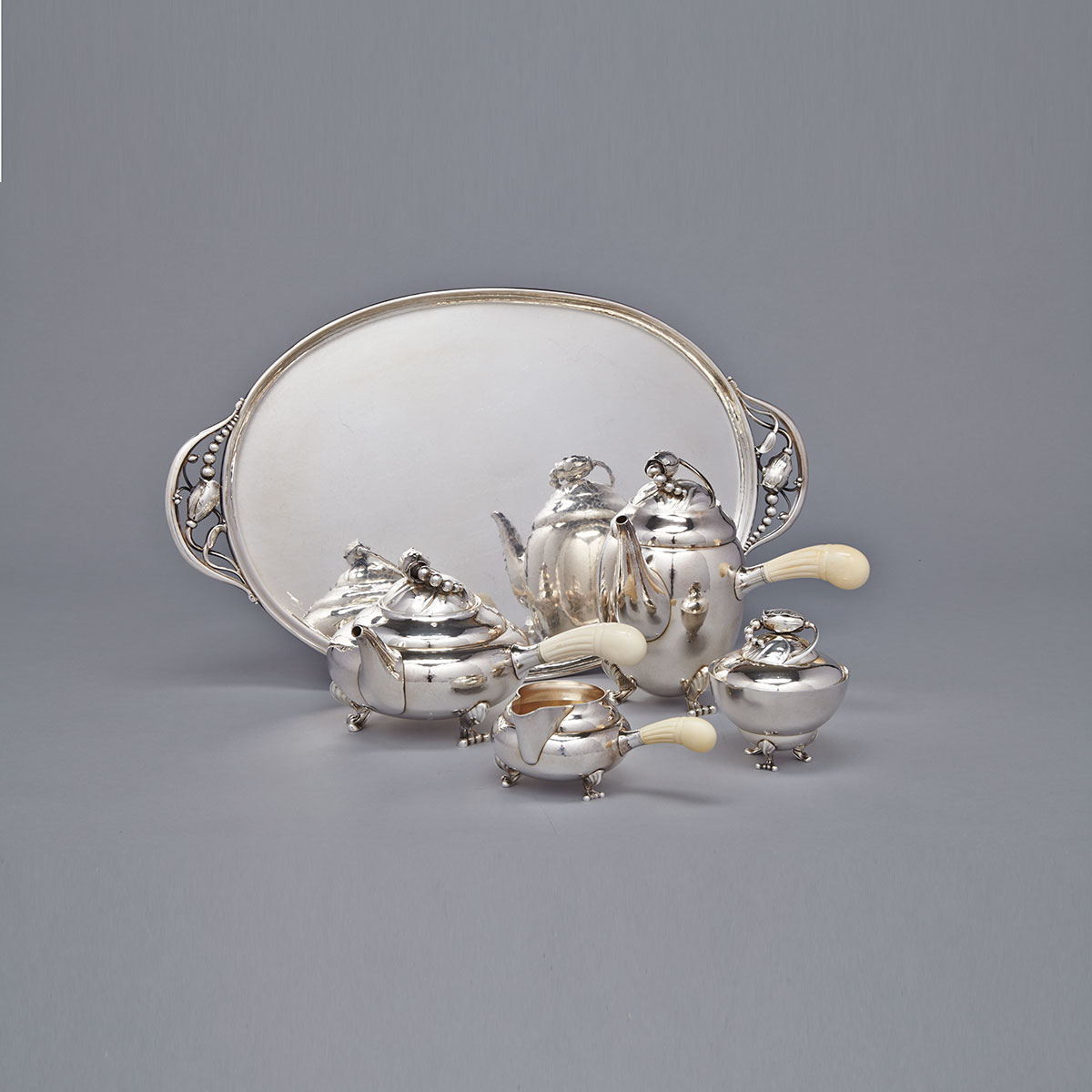 Danish Silver ‘Blossom’ Pattern Tea and Coffee Service with Tray, #2D and #2E, Georg Jensen, Copenhagen, 20th century