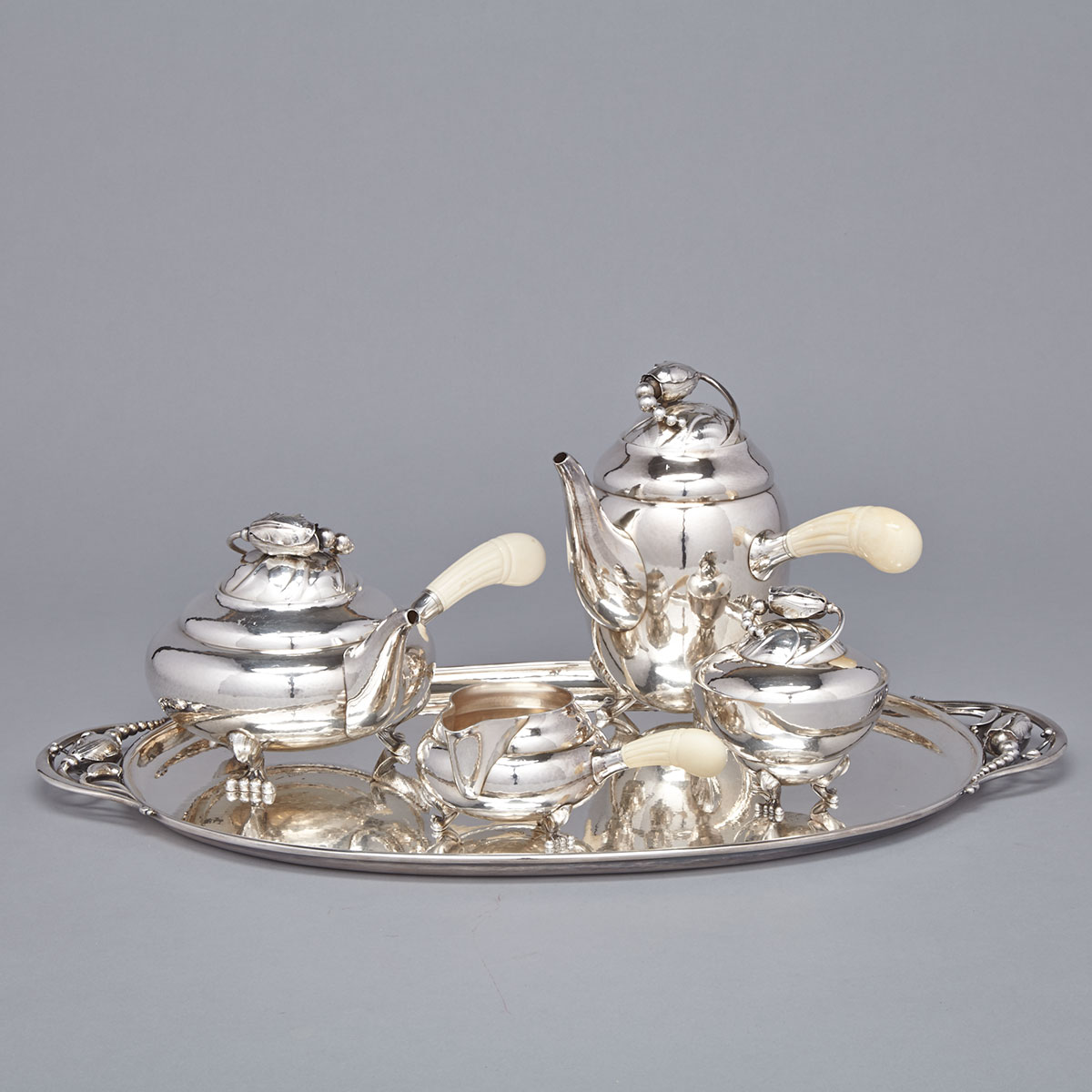 Danish Silver ‘Blossom’ Pattern Tea and Coffee Service with Tray, #2D and #2E, Georg Jensen, Copenhagen, 20th century