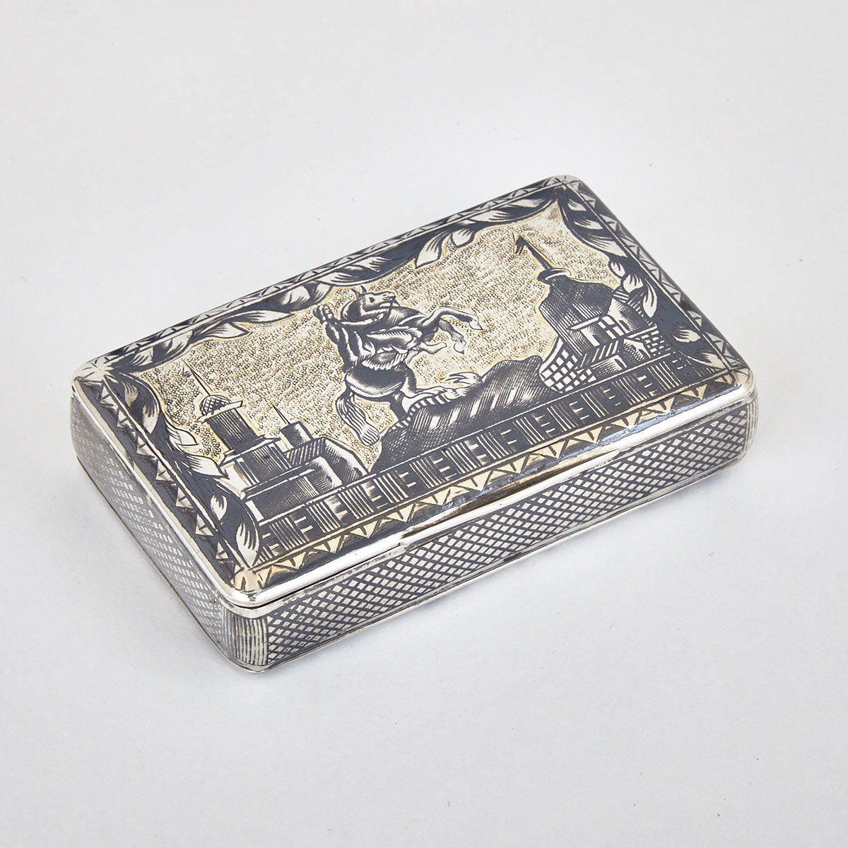 Russian Nielloed Silver Rectangular Snuff Box, Moscow, 1836