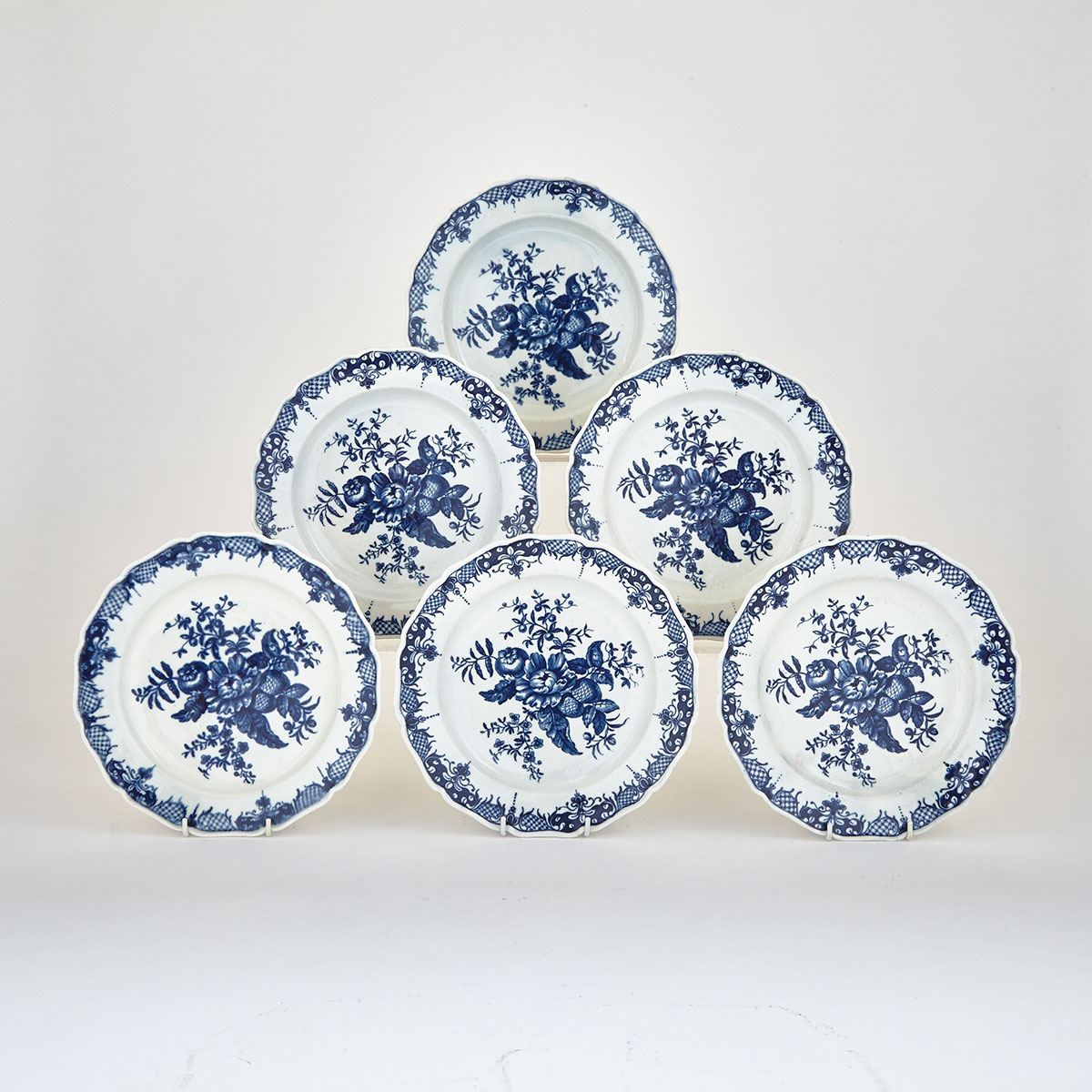 Six Worcester ‘Pine Cone’ Pattern Plates, c.1770-85
