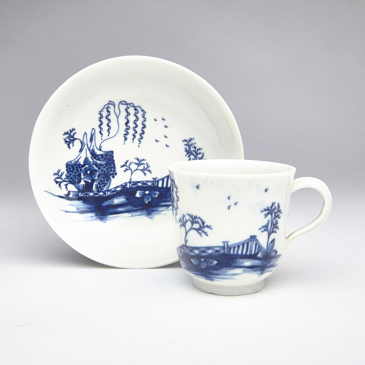 Blue and White Porcelain Cup and Saucer, probably English, c.1760