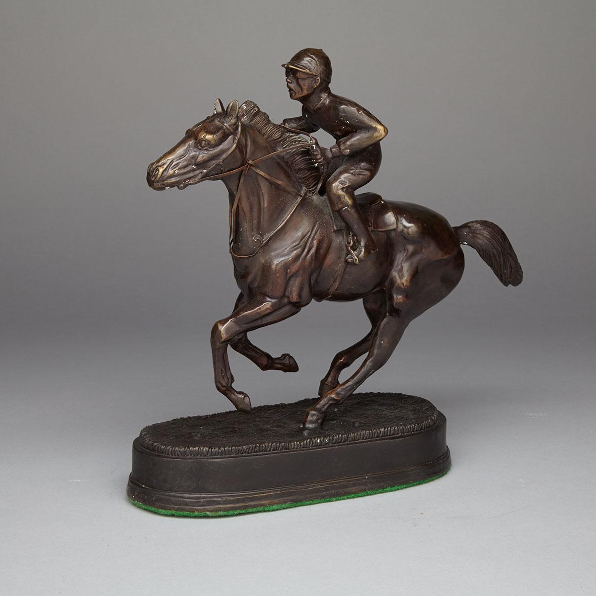 Patinated Bronze Equestrian Group of Jockey on Horseback, late 20th century