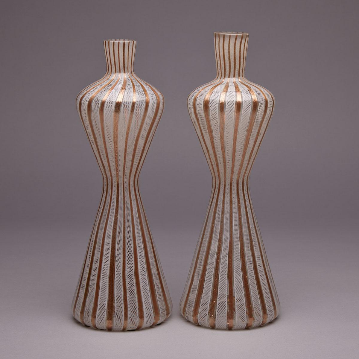 Pair of Murano Latticino Glass Carafes, mid-20th century