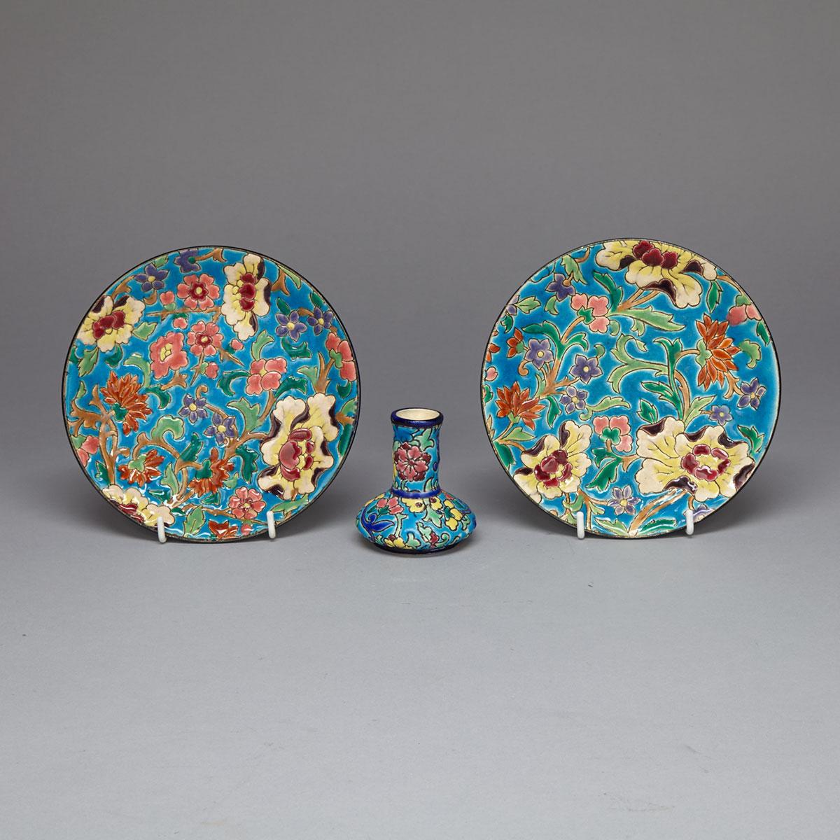 Longwy Miniature Vase and Pair of Small Plates, 1920s