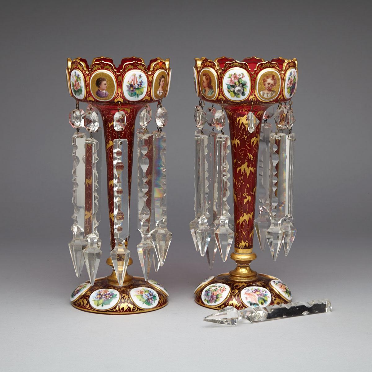 Pair of Bohemian Overlaid and Enameled Red Glass Lustres, late 19th/early 20th century