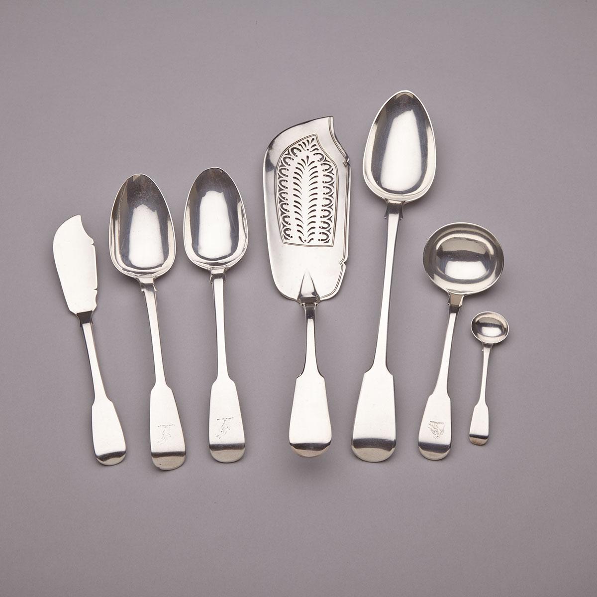 Georgian Silver Fiddle Pattern Fish Slice, Basting Spoon, Gravy Ladle, Butter Knife, Salt Spoon and Pair of Table Spoons, various makers, London and Dublin, c.1818-37