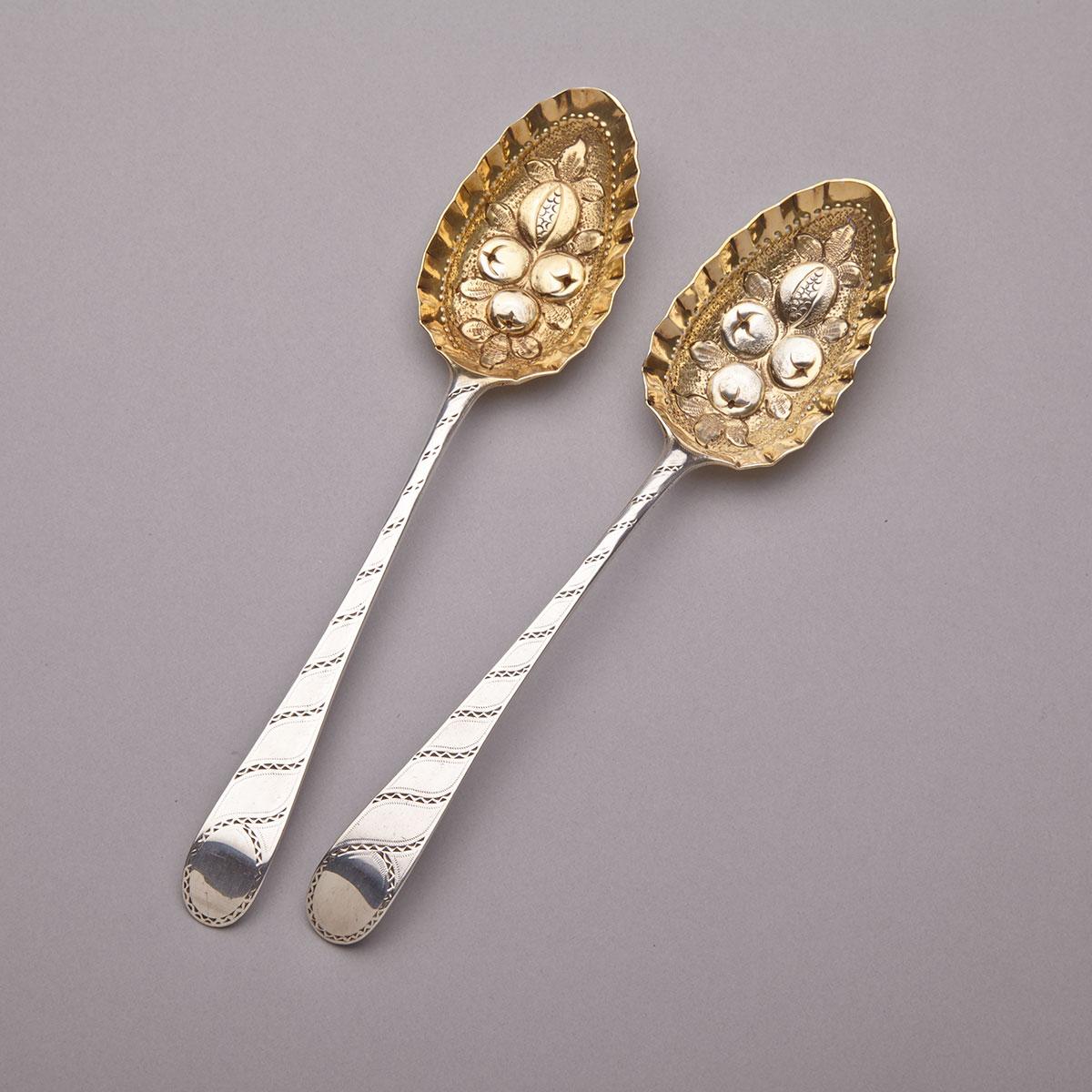 Pair of George III Silver Bright-Cut Engraved Old English Pattern Berry Spoons, Hester Bateman, London, 1782