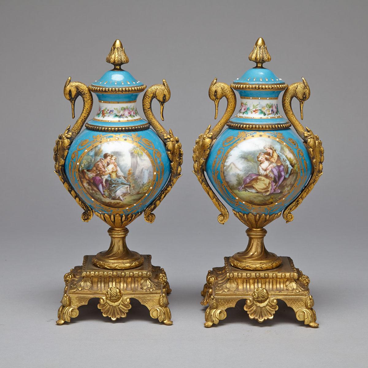 Pair of Sevres Style Porcelain Mounted Covered Urns, c.1860