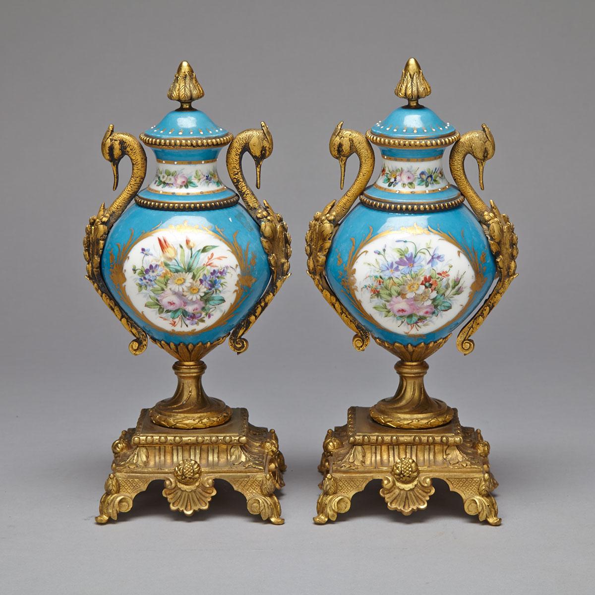 Pair of Sevres Style Porcelain Mounted Covered Urns, c.1860