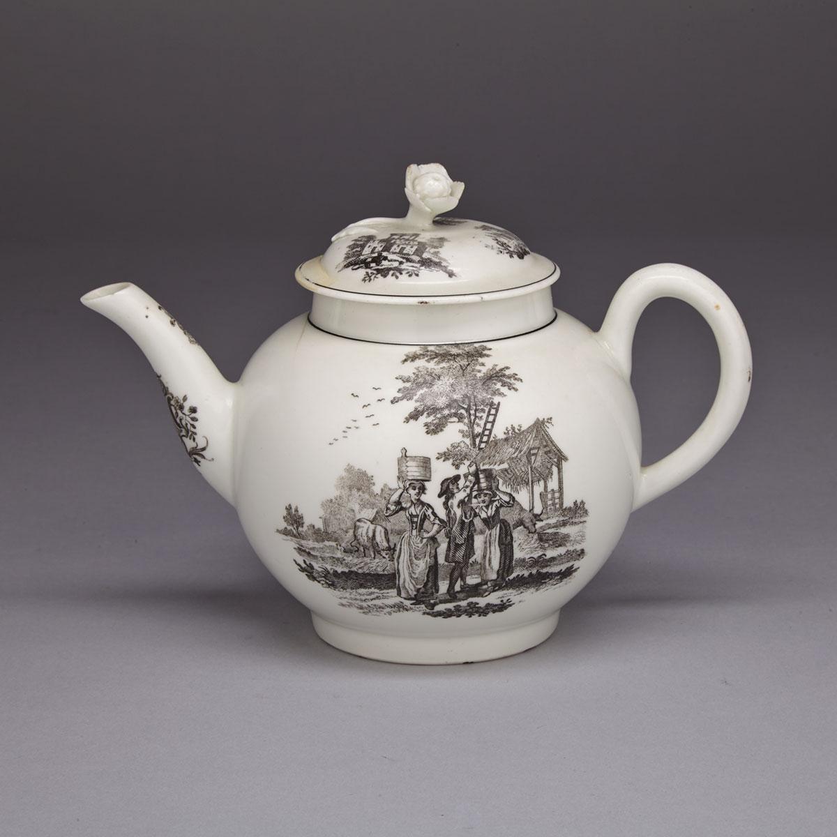 Worcester Black Printed Globular Teapot, c.1765-70