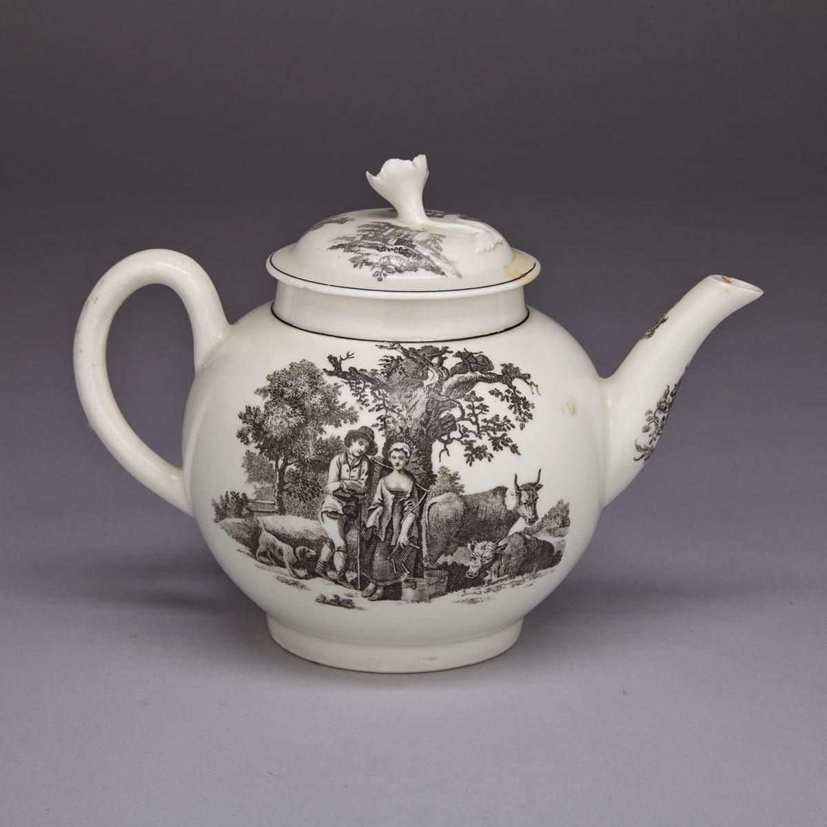 Worcester Black Printed Globular Teapot, c.1765-70