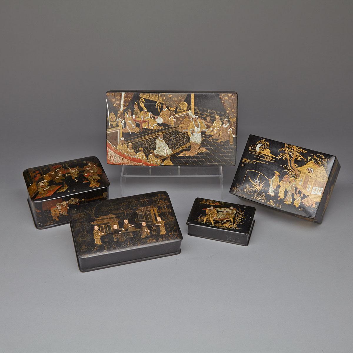 GROUP OF FIVE CHINOISERIE lacquered PAPIER MACHÉ BOXES, 19TH CENTURY