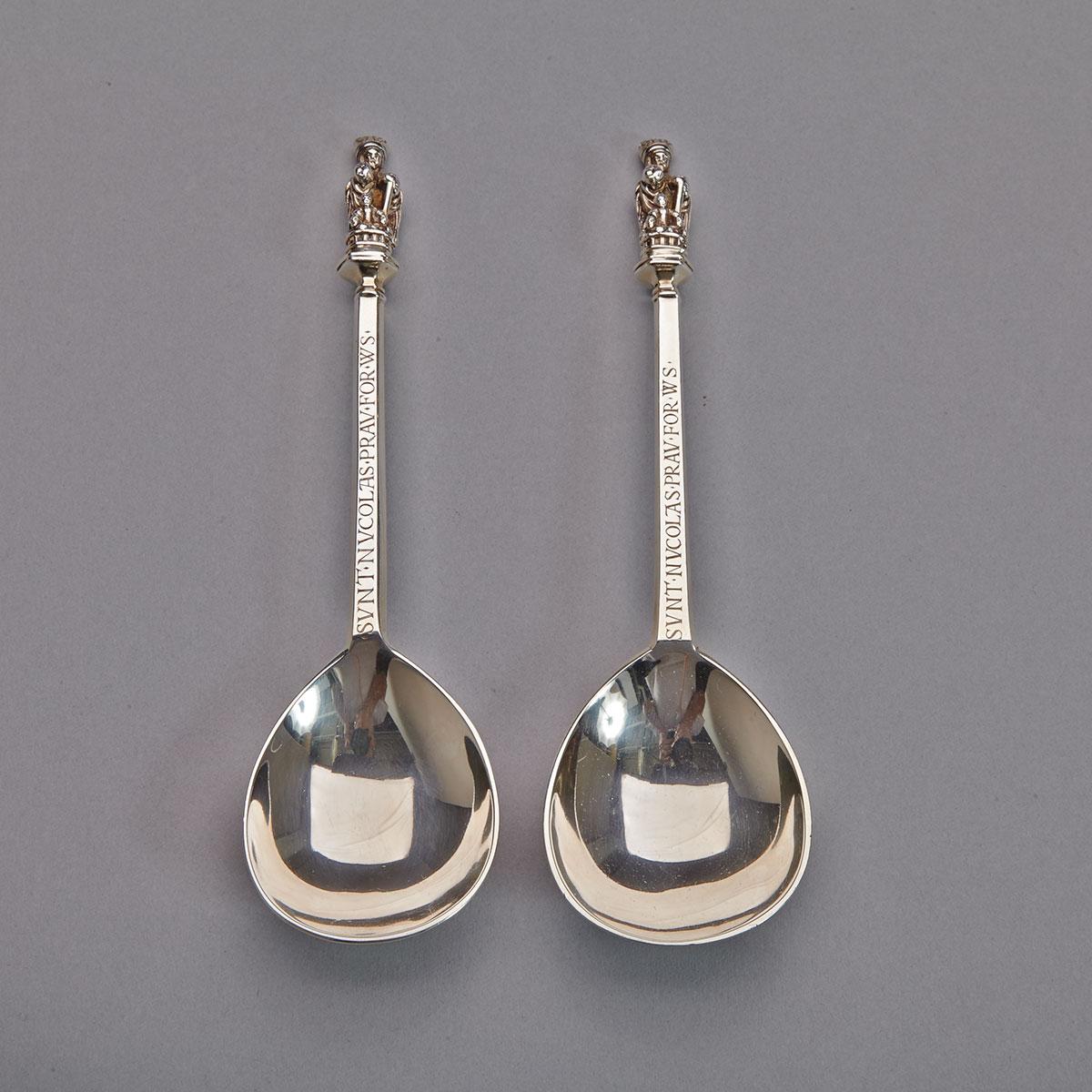 Pair of English Silver St. Nicholas Apostle Spoons, Crichton Bros., London, 1938