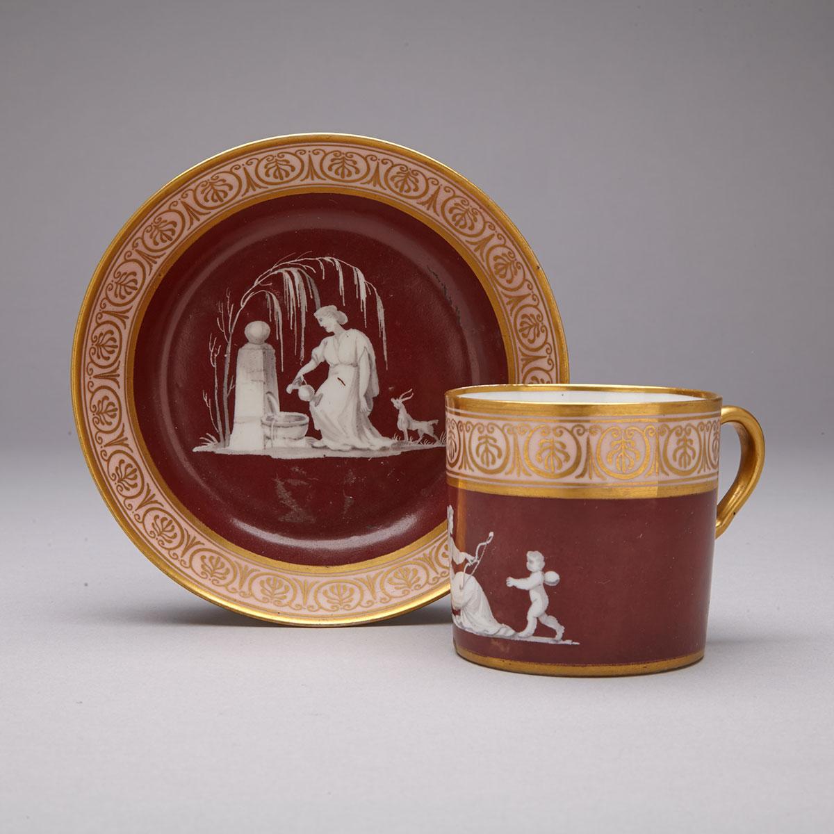 Chamberlain’s Worcester Dark Red Ground Coffee Can and Saucer, c.1810