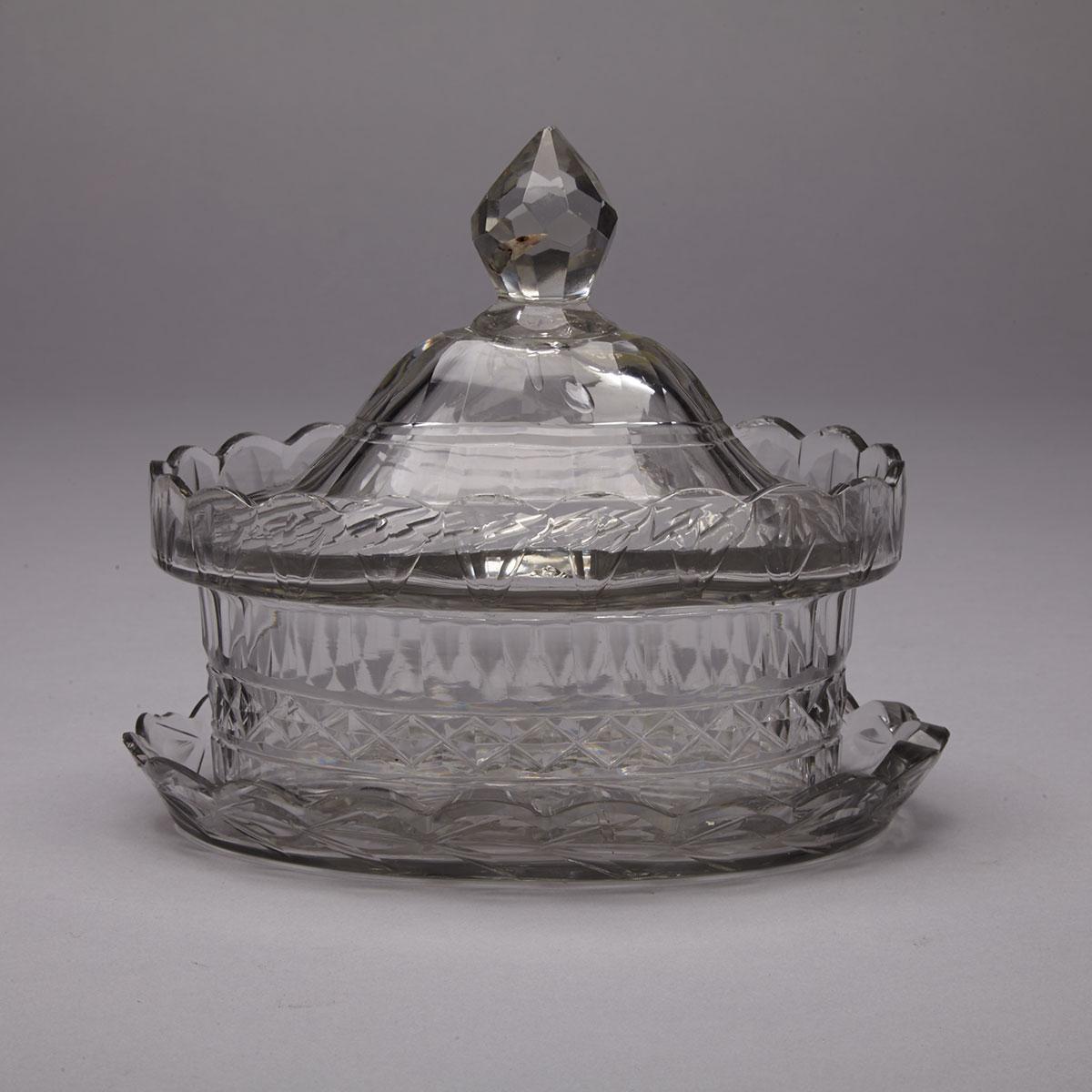 Anglo-Irish Cut Glass Oval Butter Dish with Cover and Stand, c.1800