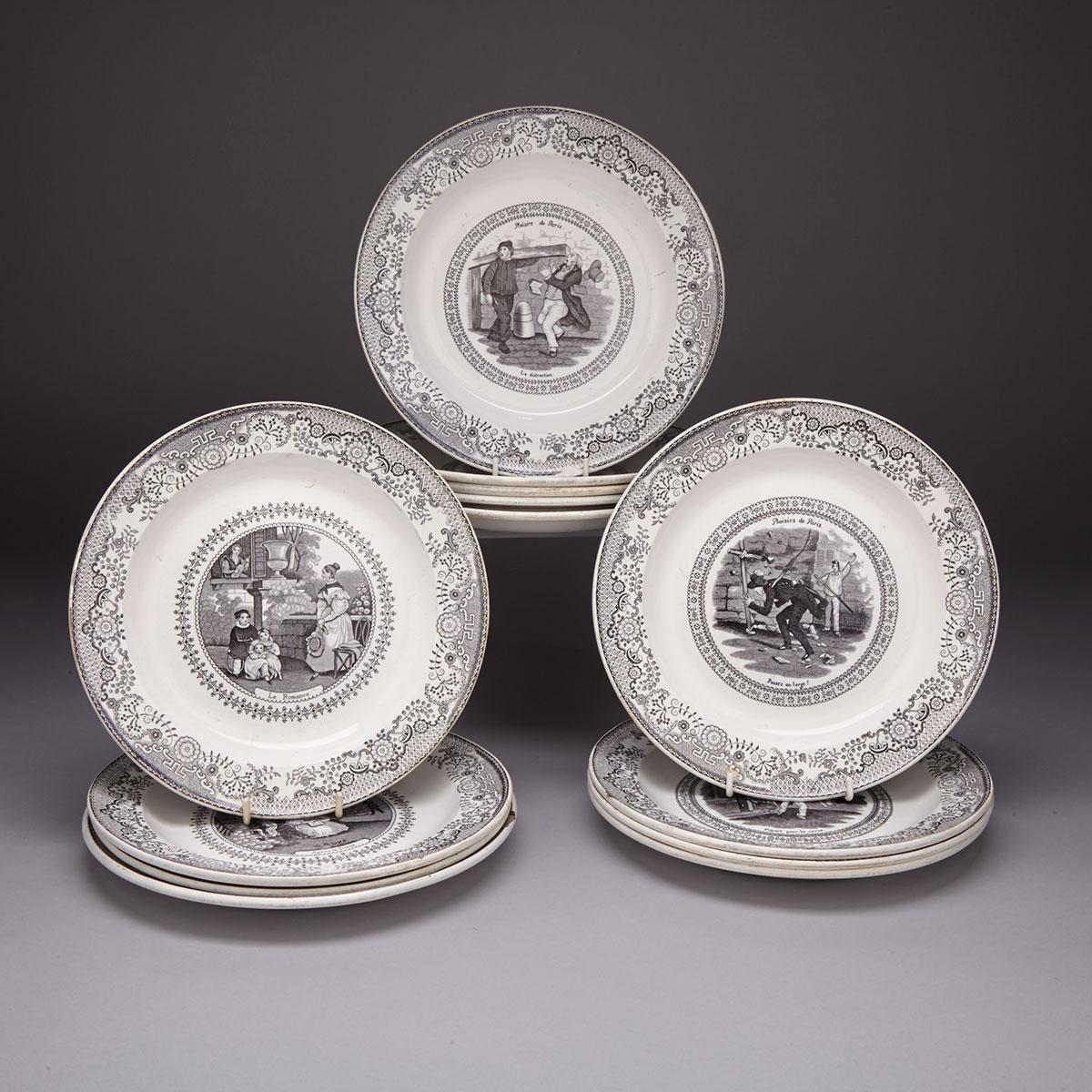Thirteen Gien Black Printed Creamware Plates, mid-19th century
