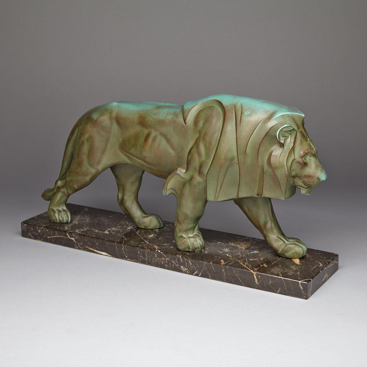 French Art Deco Bronze Patinated Metal Figure of a Lion, mid 20th century