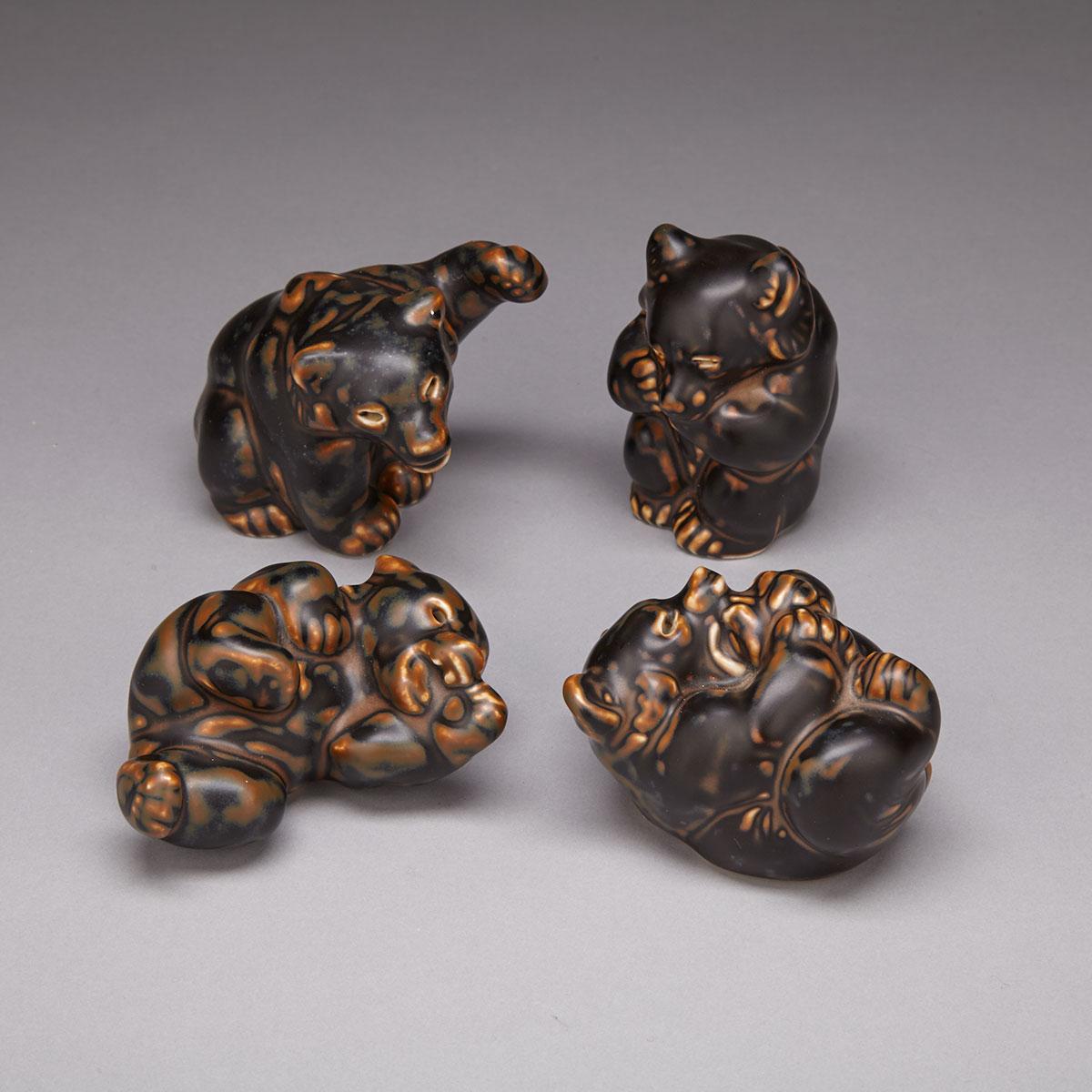 Four Royal Copenhagen Brown Glazed Stoneware Figures of Bears, Knud Kuhn, 20th century
