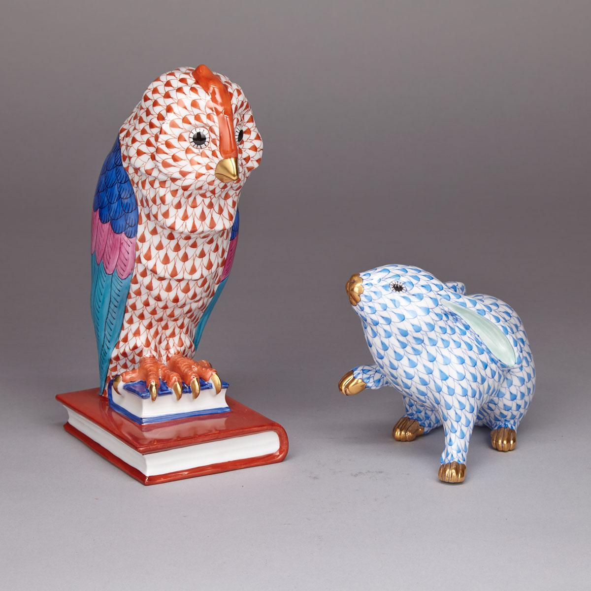 Two Herend Figures of a Rabbit and an Owl, 20th century