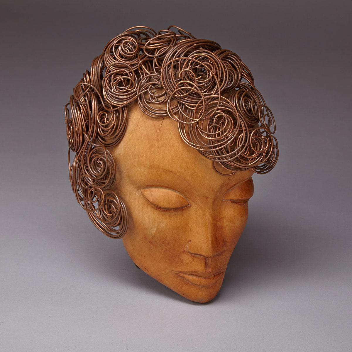 Hagenauer Carved Olive Wood and Copper Wire Wall Female Mask, mid 20th century