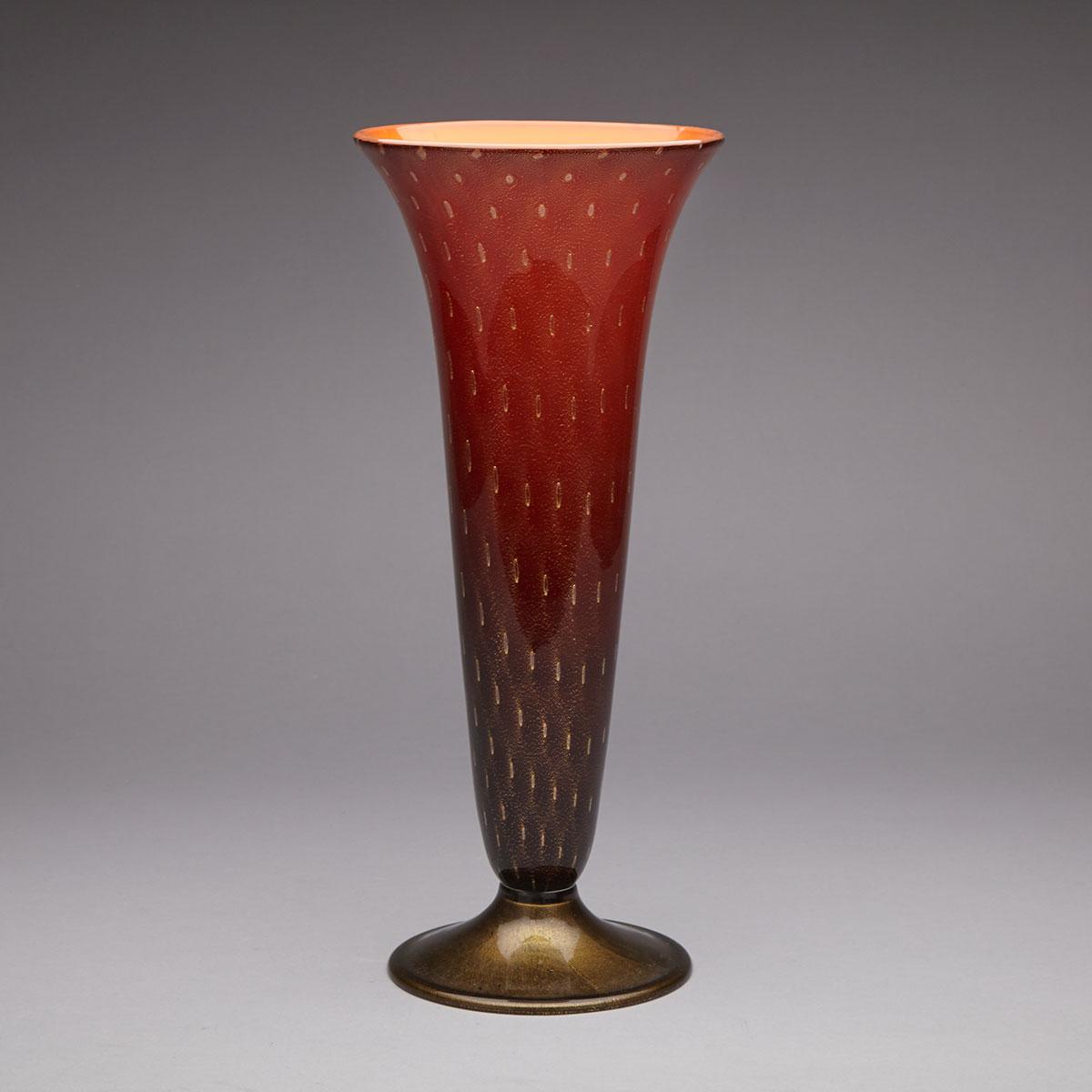 Murano Bullicante Opaque Red and Gilt Glass Vase, c.1950