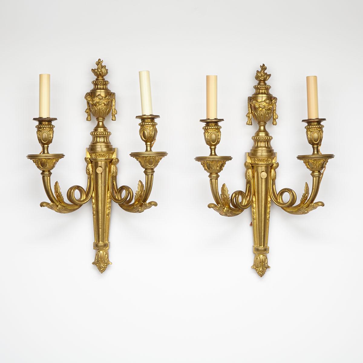 Pair of French Gilt Bronze Two Light Wall Sconces, mid 20th century