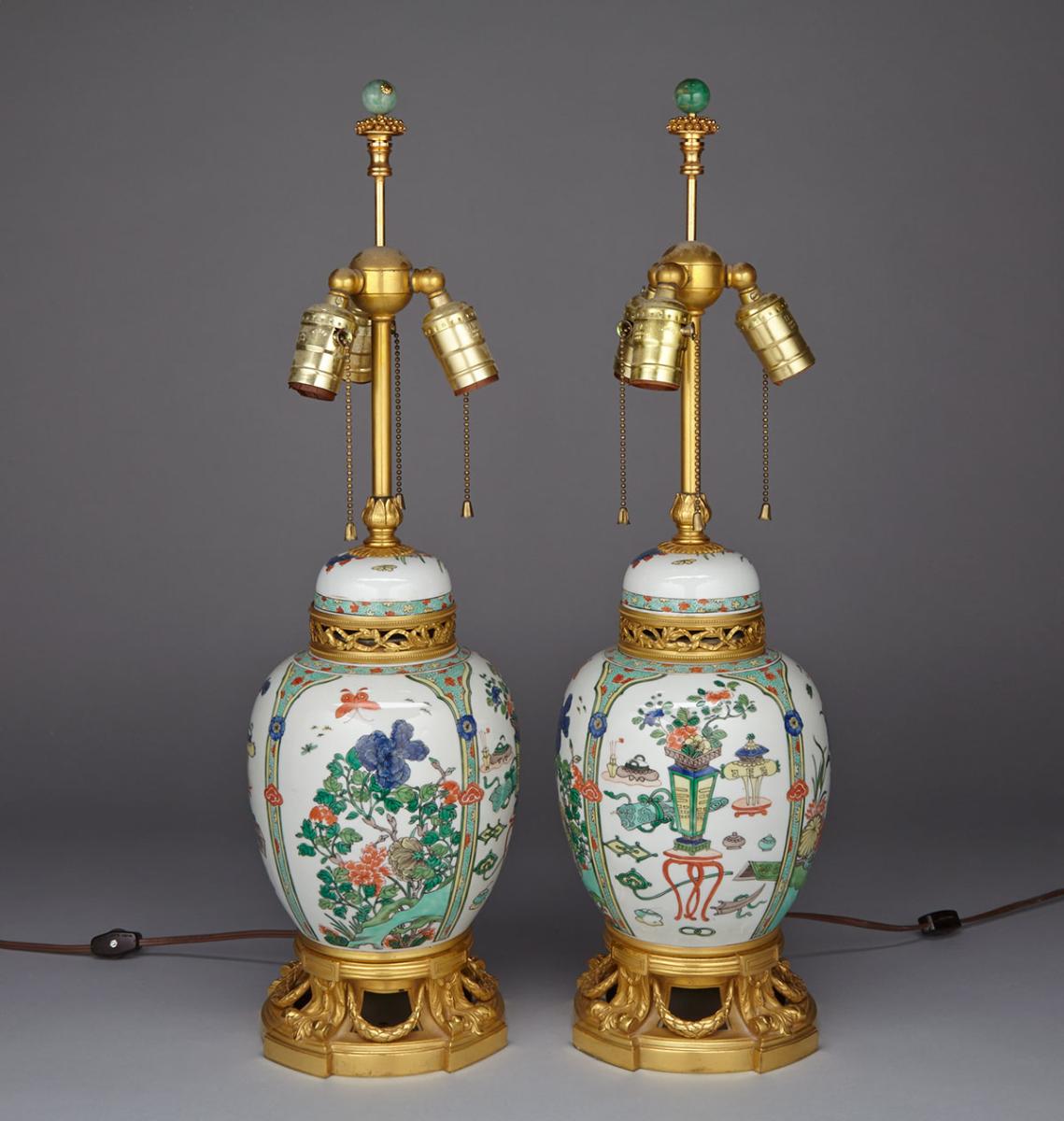 Pair of Ormolu Mounted Chinese Export Ginger Jar Form Table Lamps, mid 20th century