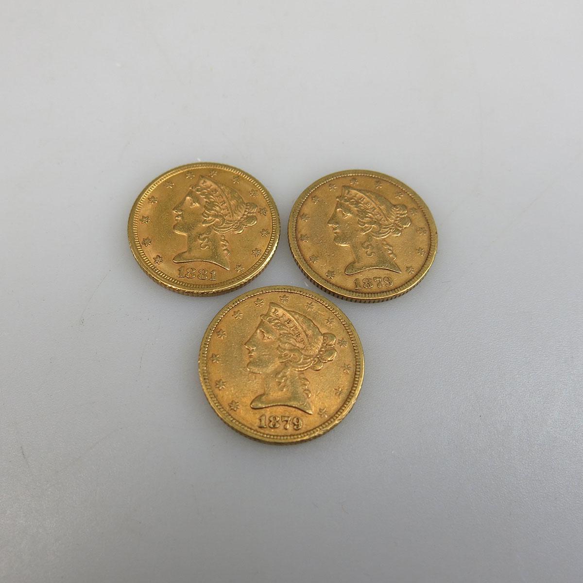 Three American $5 Gold Half Eagle Coins