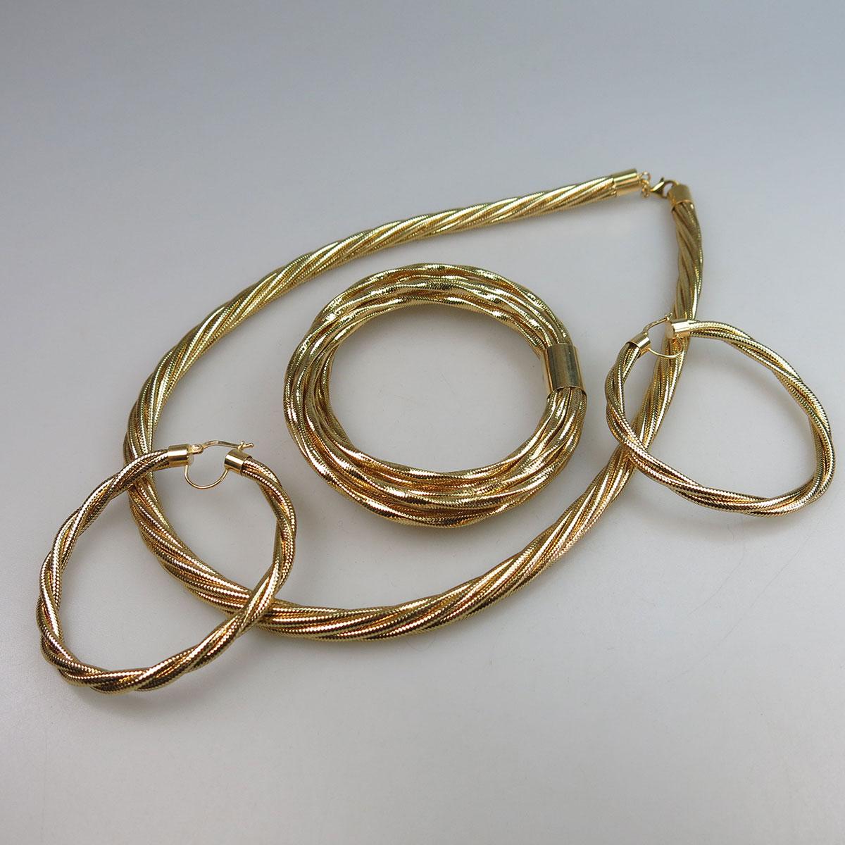 Woven 14k Yellow Gold Necklace, Bangle And Earrings