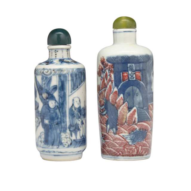 Two Blue, White and Copper Red Snuff Bottles, 19th Century