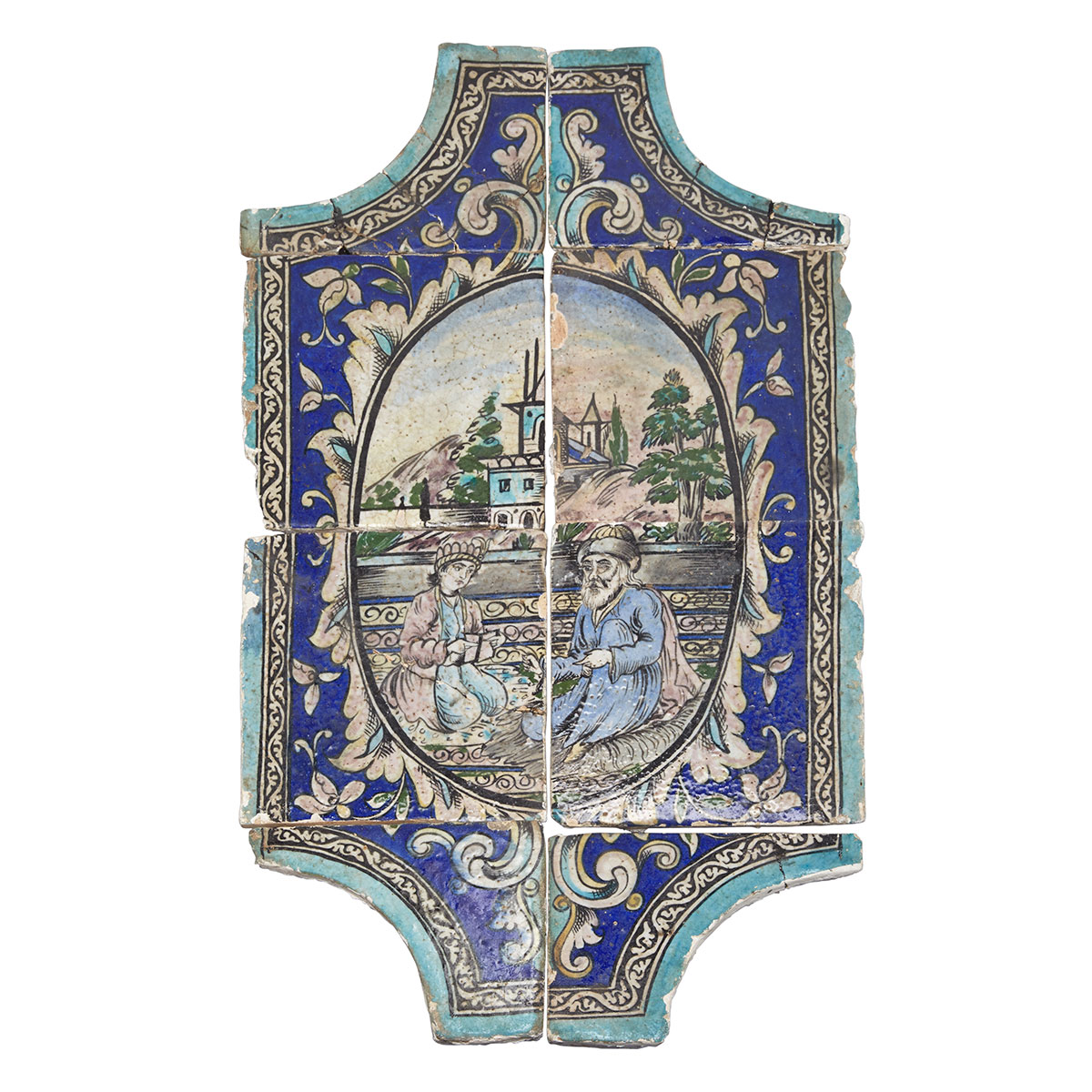 Large Eight-Piece Pottery Wall Plaque, Qajar, Late 19th Century