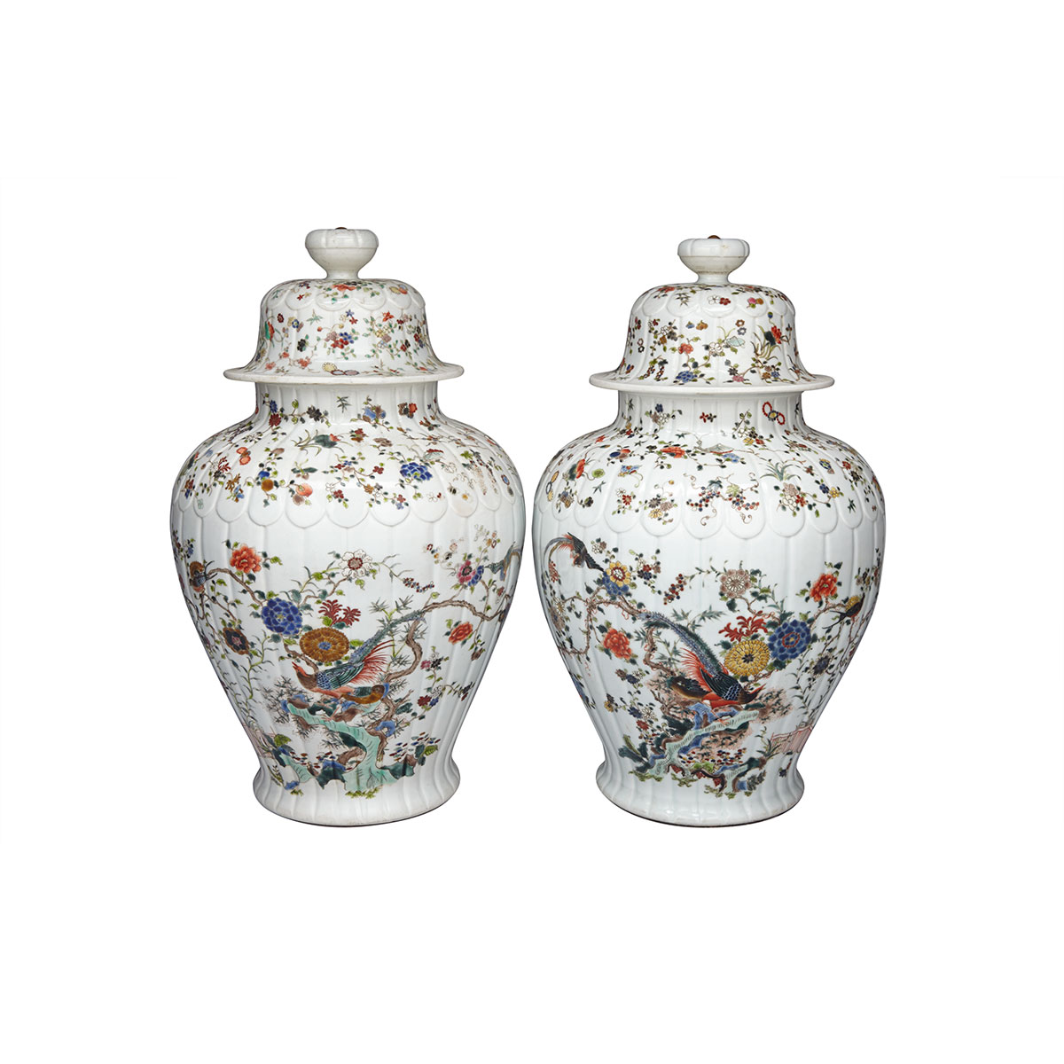 Pair of Export Famille Rose Moulded Baluster Vases and Covers
