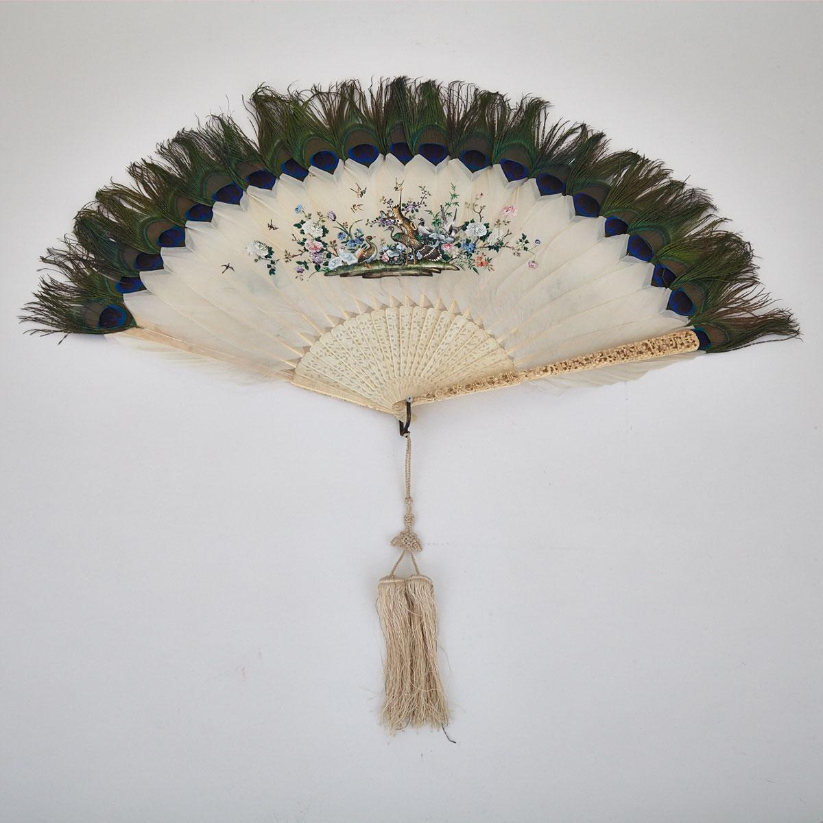 Export Ivory and Peacock Feather Fan with box, Late 19th Century