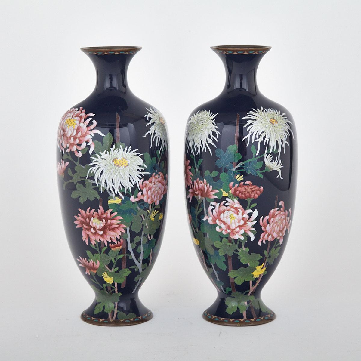 Pair of Large Blue Ground Cloisonné Enamel Chrysanthemum  Vases, Early 20th Century