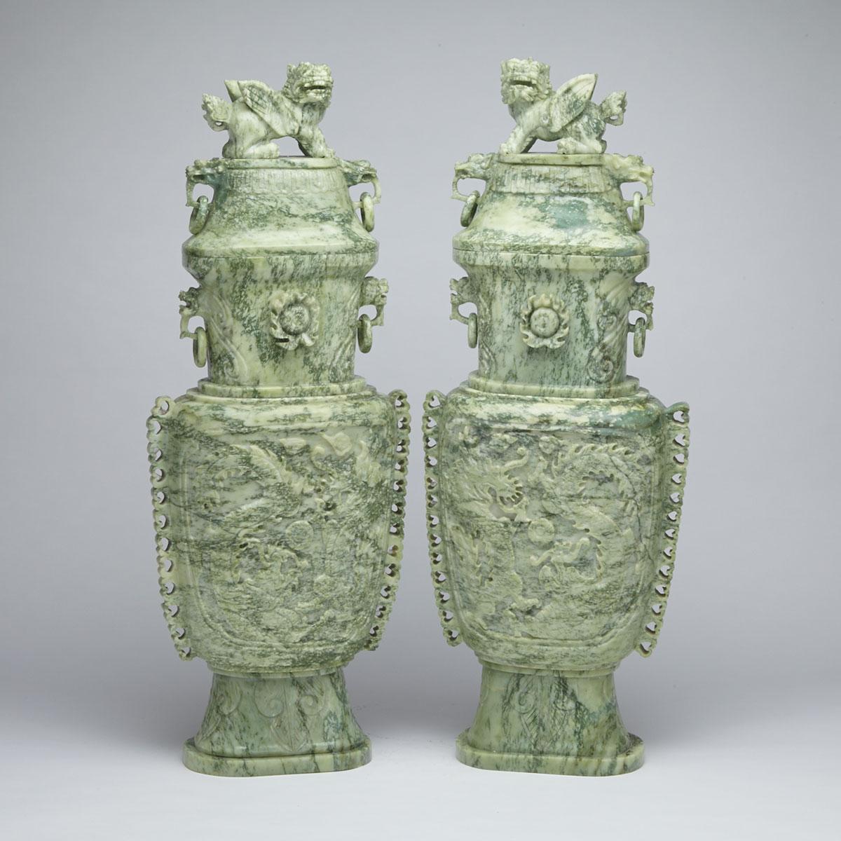Pair of Large Hardstone Vases and Covers 