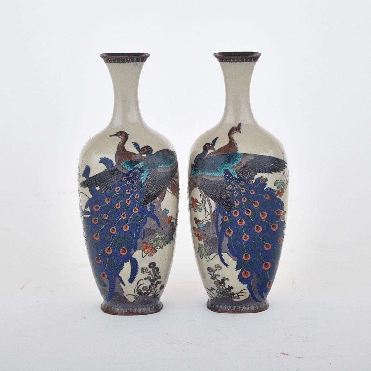 Pair of Cloisonné Enamel Peacock Vases, Japan, Early 20th Century