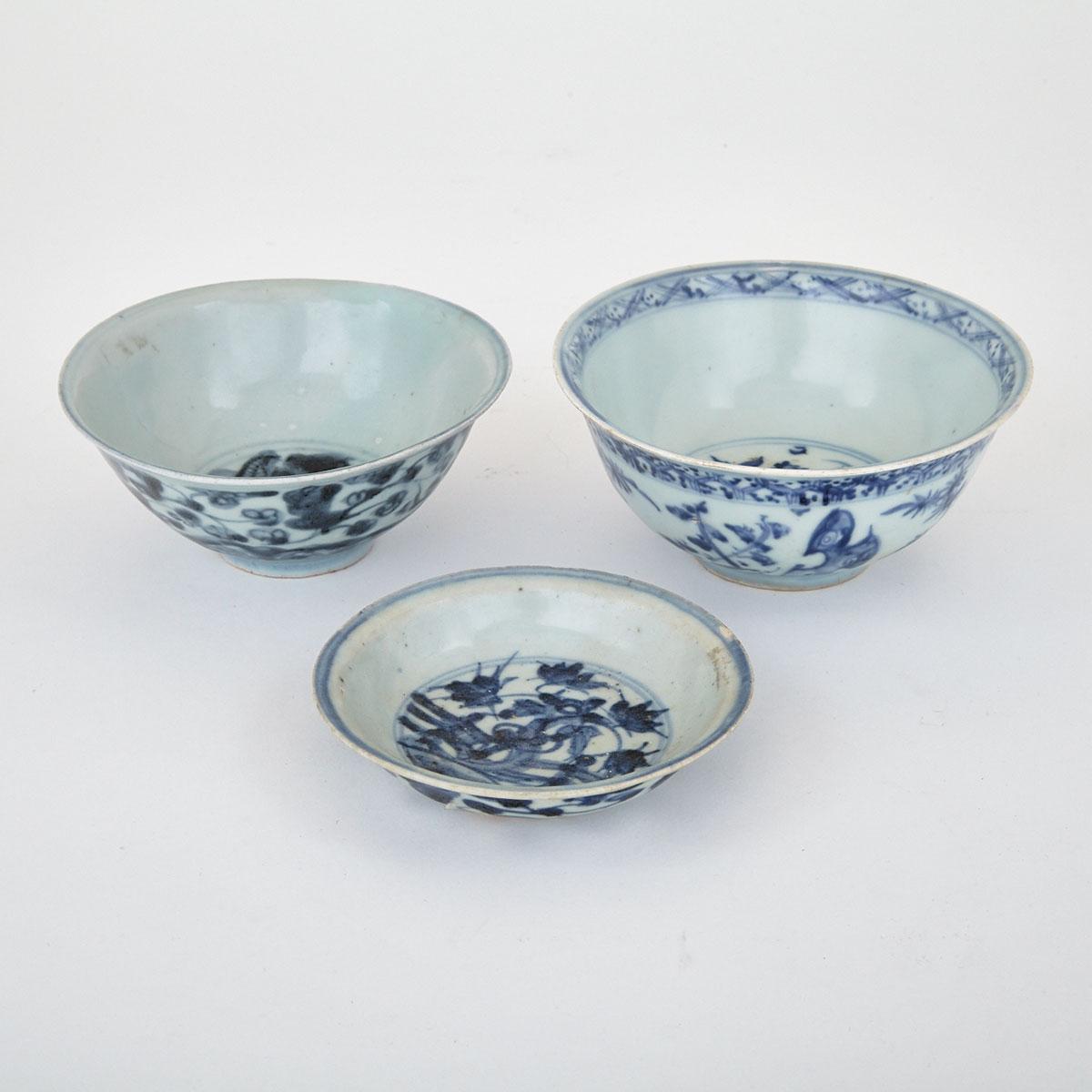 Three Blue and White Porcelain Wares, Ming Dynasty, 16th Century