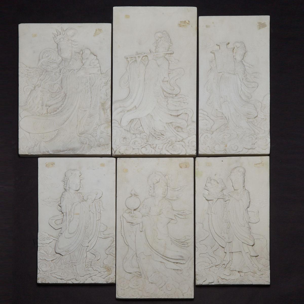 Set of Six White Marble Relief Carved Panels
